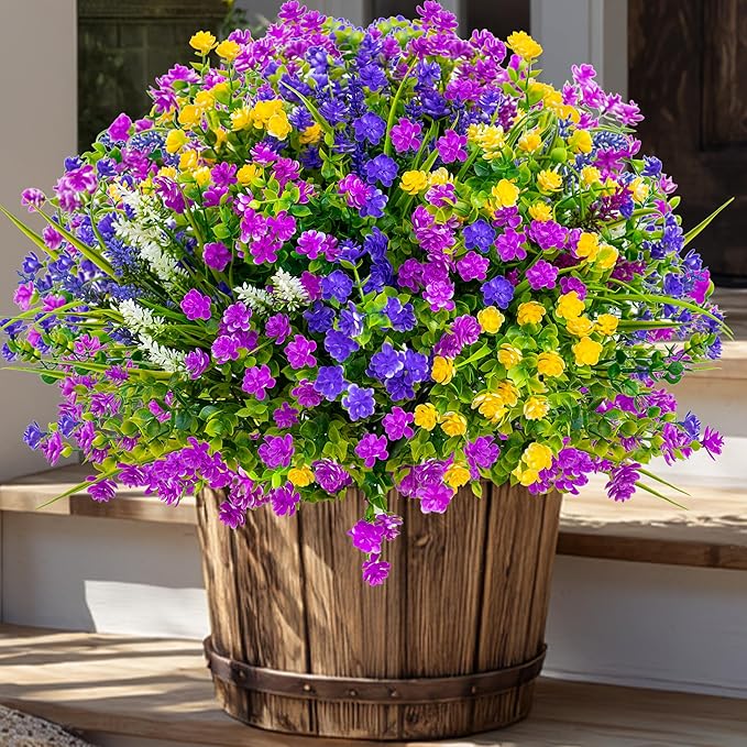 Artificial Flowers Outdoor Fake Plants - 12 Bundles UV Resistant Shrubs No Fade Faux Plastic Greenery Home Garden Porch Patio Decoration Indoor (1, Multi-12pcs)