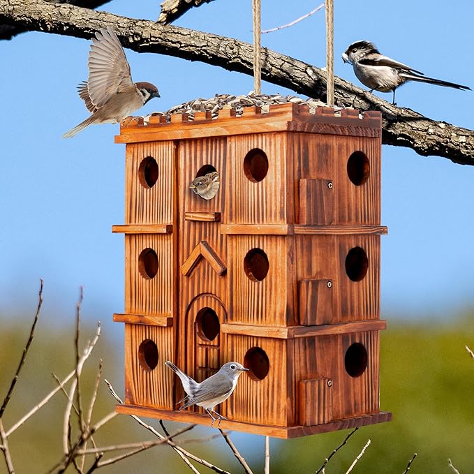 MIXUMON Wooden Bird Houses for Outside – 14 Rooms Large Bird House, Carbonized Pine Rustic Finish, 1.57" Entrance Holes, Cleaning Doors, Outdoor Birdhouse Nesting Box (Rustic, 14 Rooms)