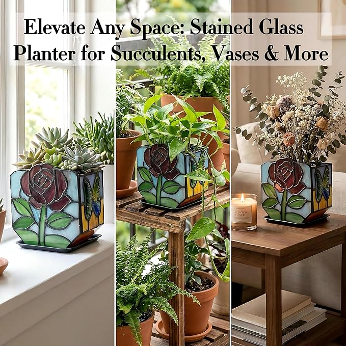 Tiffany Style Stained Glass Rose Planter,Vintage Floral Glass Planter, Candlestick Holder,Unique Home Decor Gift for Women, for Butterfly Enthusiasts, Mother's Day