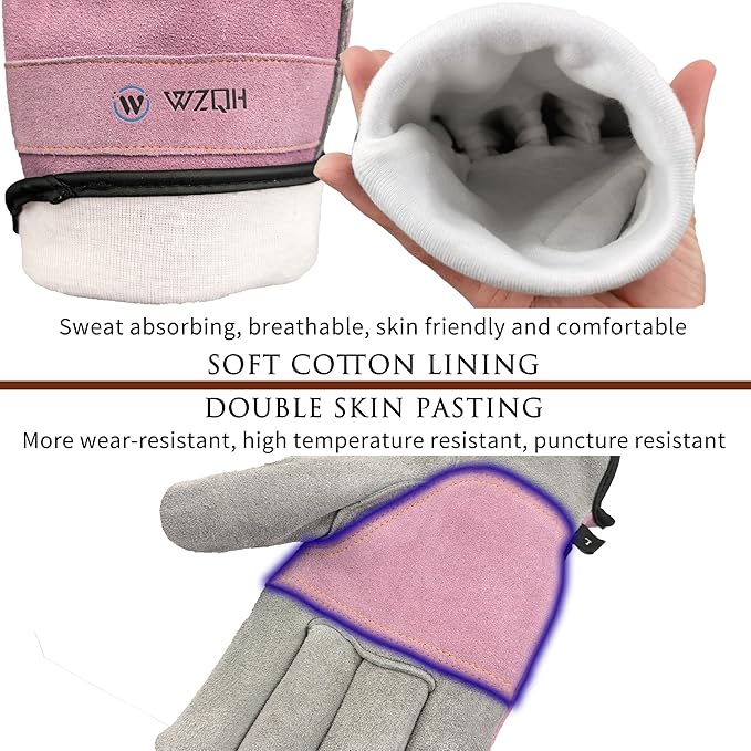 WZQH Leather Work Gloves for Men or Women. XX-Large Glove for Gardening, Tig/Mig Welding, Construction, Chainsaw, Farm, Ranch, etc. Cowhide, Cotton Lined, Utility, Firm Grip, Durable. Pink-Grey 2XL