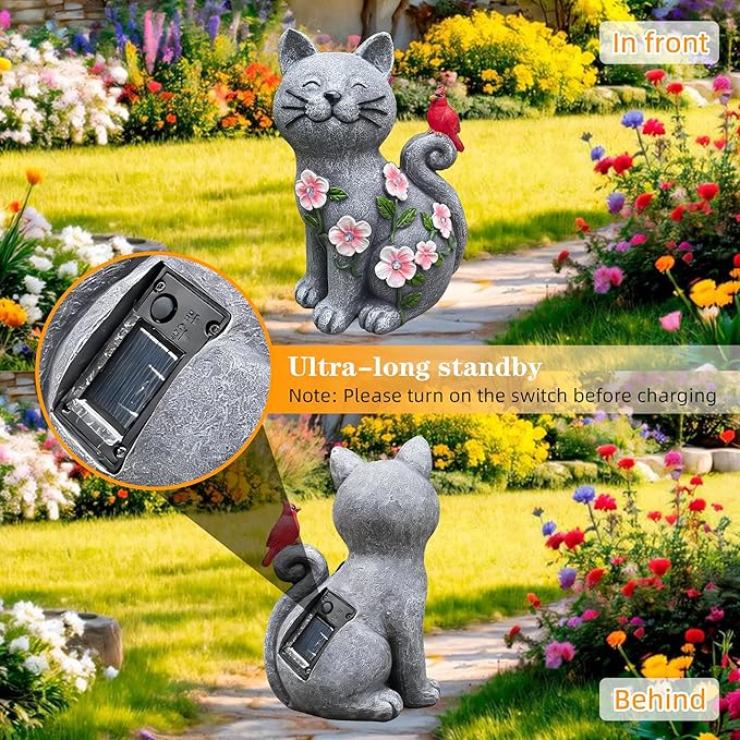 Solar Cat Garden Statue with LED Lights, Waterproof Resin Cat Figurine with Red Bird, Outdoor Decor for Patio, Lawn, Yard, Balcony, – Gift for Mom, Grandma & Cat Lovers
