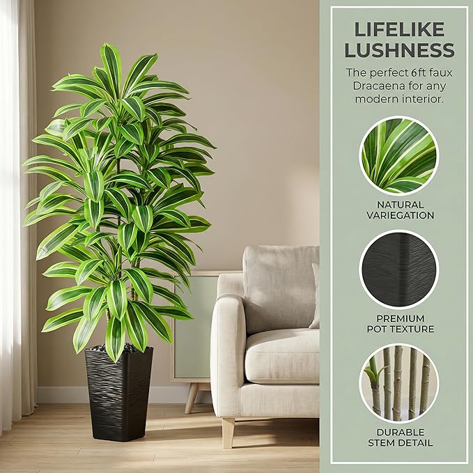 Artificial Dracaena Tree：6FT Faux Silk Tropical Yucca Floor Trees Realistic Fake Green Plant with Natural Wood Trunk & Lifelike Leaves for Home Office Decor Indoor & Outdoor (6FT,1-Pack,Black)