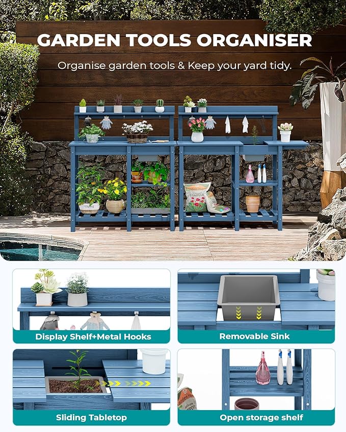 SERWALL Outdoor Potting Bench 2-Piece Set, Rot-Resistant HDPE Potting Table with Removable Sink for Outside Gardening, All-Weather Use - Blue