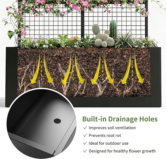 Privacy Planters for Patio – Metal Raised Garden Bed with Trellis and Privacy Screen, 71" x 35" x 16" Planter Box with Drainage Holes for Climbing Plants, Vegetables, and Vines, Outdoor Backyard Black
