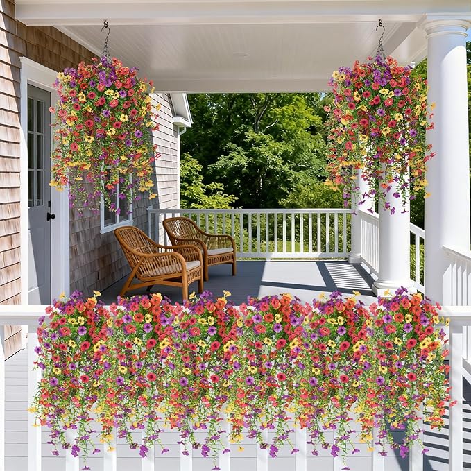 Artificial Hanging Flowers for Outdoors, 2 Pcs Fake Hanging Plants Spring Summer Decor, UV Resistant Faux Silk Daisy Flower for Front Door Porch Planter Patio Yard Garden(Purple Rose Red Yellow)