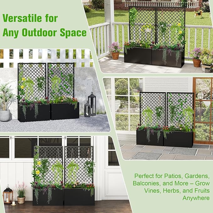 MOTION 2 Pcs Outdoor Raised Garden Bed with Trellis - Free Standing Planter for Hanging Flower Baskets Lattice Planter Boxes, Black