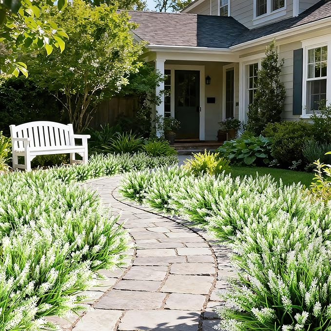 16 Bundles Artificial Plants Outdoor, UV Resistant Fake Lavender & Monkey Grass, Realistic Plastic Faux Plants for Balcony, Patio, Porch Greenery Decor, Planter Filler(White)