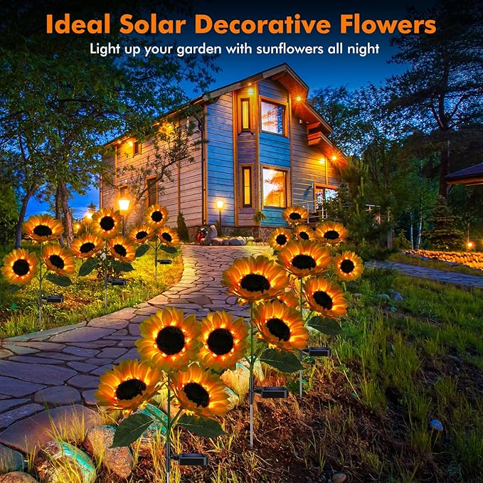 Meagoo Solar Sunflower Lights, 800mA Solar Garden Light with Real Looking Flowers Outdoor Waterproof Solar Stake Lights for Back Yard, Flower Bed, Pathway, Patio, Porch, Spring Decoration (2 Pack)
