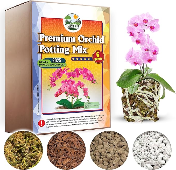[Upgraded] DUSPRO Orchid Potting Mix for Repotting with Forest Moss, Pine Bark, Perlite & Pumice Natural Ingredients, Orchid Bark Potting Mix, Orchid Repotting Kit Drainage Indoor Potting Medium 6QT
