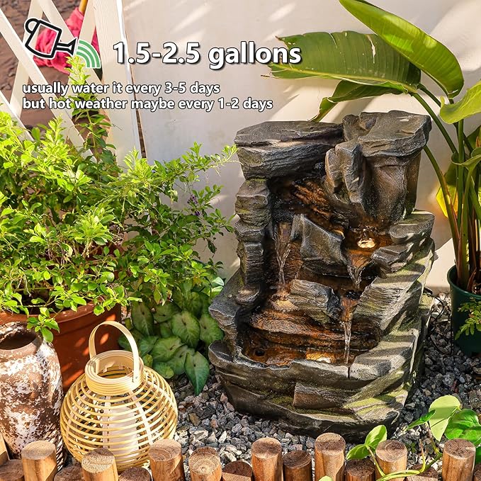 Sunlinua 5-Tier Cascading Rock Water Fountain Outdoor - 23.6”H Indoor/Outdoor Modern Floor Standing Water Fountain Garden, Patio, Backyard, Deck, Porch and Home Art Decor