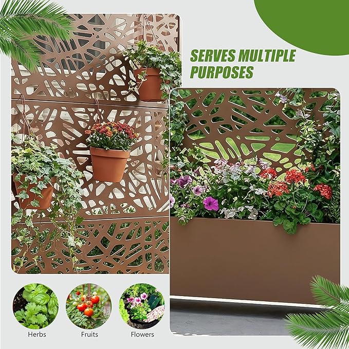 Casaphoria Metal Raised Garden Bed with Trellis and Wheels, 72"x47"x16" Arched Planter Box for Climbing Plants, Vegetables & Vines, Features Drainage Holes and Privacy Screen, Brown-Net