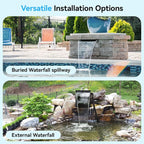 POPOSOAP Pond Waterfall Spillway with Pump Kit, 13.4" H x 12" W Stainless Steel Pond Waterfall Box with Pond Pump, Filtration, 10FT Corrugated Tubing for Outdoor Garden Pond Spillway & Pool