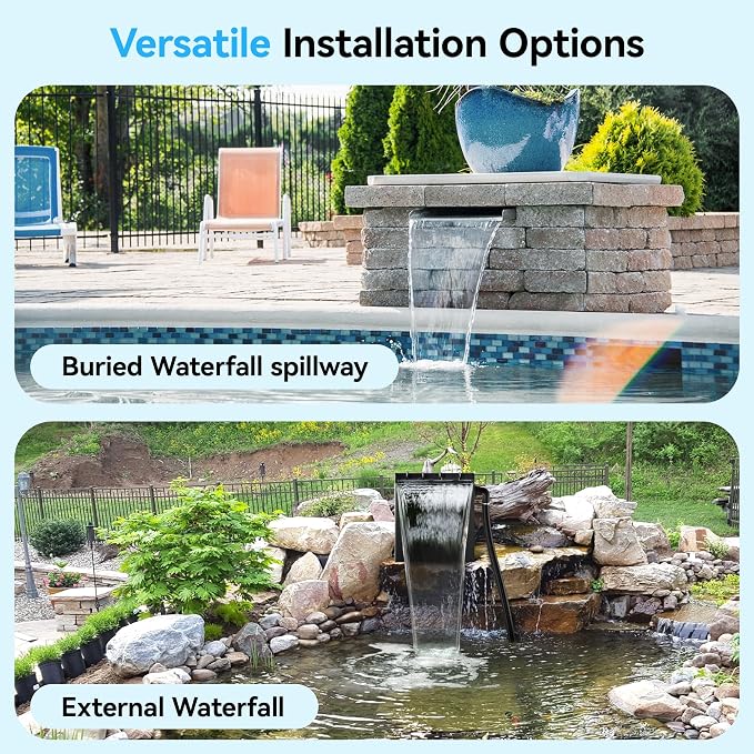POPOSOAP Pond Waterfall Spillway with Pump Kit, 13.4" H x 12" W Stainless Steel Pond Waterfall Box with Pond Pump, Filtration, 10FT Corrugated Tubing for Outdoor Garden Pond Spillway & Pool