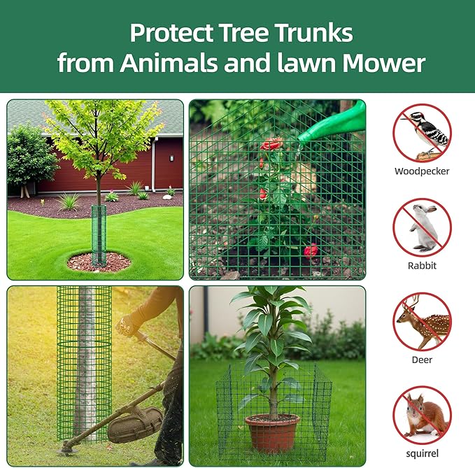 17'' Tree Trunk Protector, 12 Pack Wire Plant Protector from Animals, Metal Tree Guards with Metal Stakes & Zip Ties,Mesh Tree Bark Protector from Deer Animals Trimmers Mowers