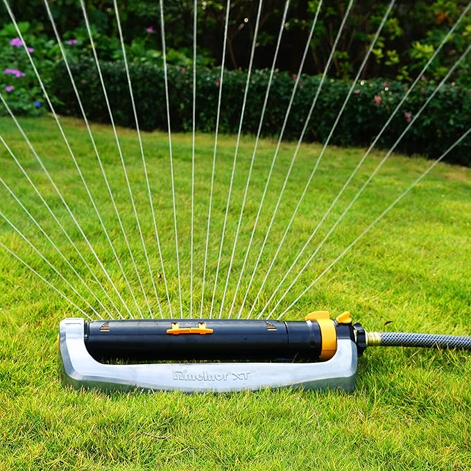 Melnor 65154AMZ XT Turbo Oscillating Sprinkler, Metal Base, 4,500 sq. ft., Quick Connect Bundle, 3-Way Adjustable, Black, Yellow