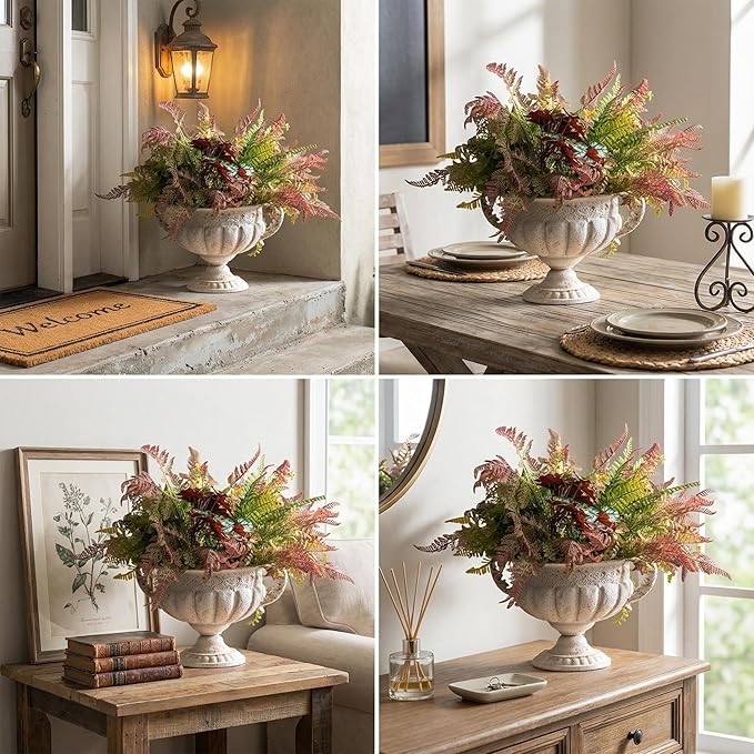 Vintage Urn Planter with Embossed Pattern, Decorative Flower Pot, Classic Round Plant Pot, European Shabby Chic Centerpiece for Mantel, Table, Entryway or Living Room Decor（13.6 * 11.9 * 8.5 in）