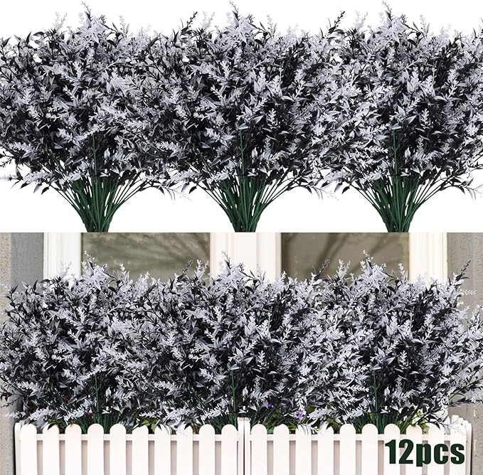 Artificial Plants Spring Black Artificial Outdoor Flowers UV Flowers Outdoor Artificial Greenery for flower arrangements Indoor Outside Hanging Plants Garden Porch Window Home Farmhouse Décor(B+W)