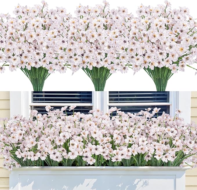 Bassion 24 Bundles Artificial Flowers for Outdoors Decoration, UV Resistant White Silk Fake Faux Flowers Artificial Plants for Outside Window Box Porch Garden Home Decor