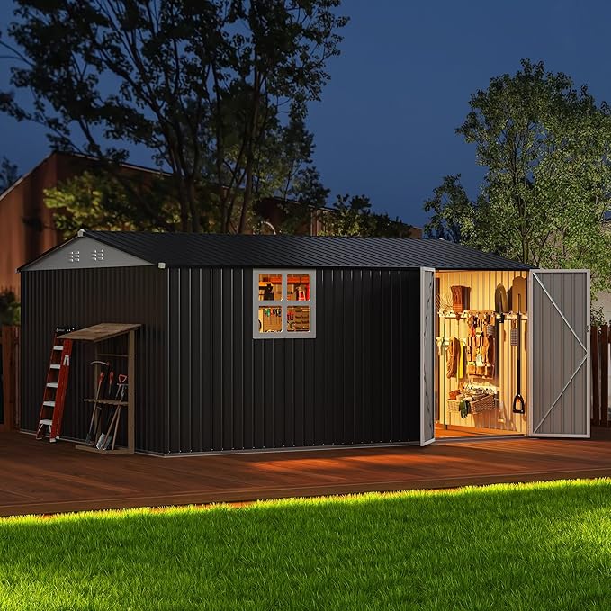 Polar Aurora 12X14 FT Metal Outdoor Storage Sheds with Window, Heavy-Duty Galvanized Steel Garden Shed with Lockable Doors and 4 Vents, Large Weatherproof Tool Shed Kit for Backyard Patio, Black