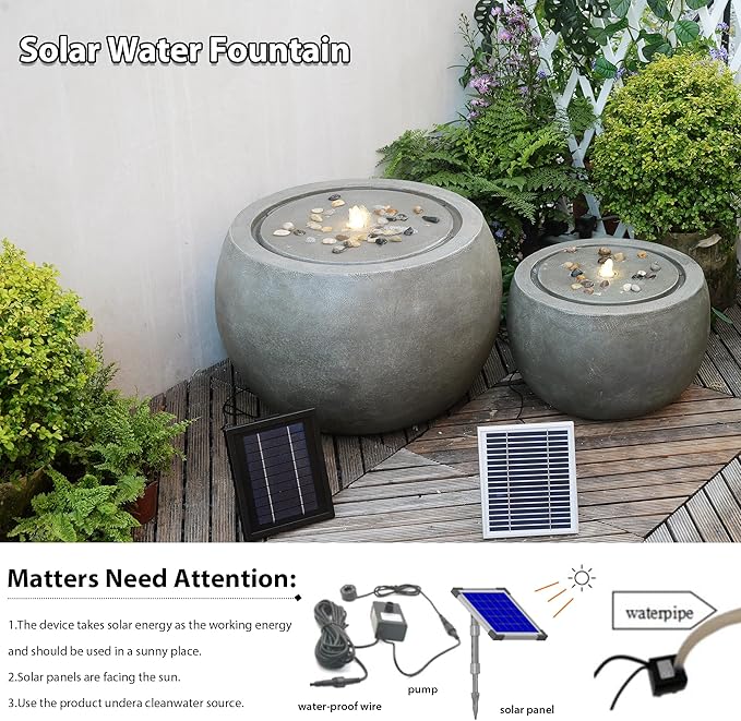 Tankana Solar Water Fountain Outdoor Garden Bubbler Large Water Feature Outdoor Fountains Solar Powered with Pebbles for Patio Deck Yard Home Decor Gray, 25 "L X 25" W X 17.5" H