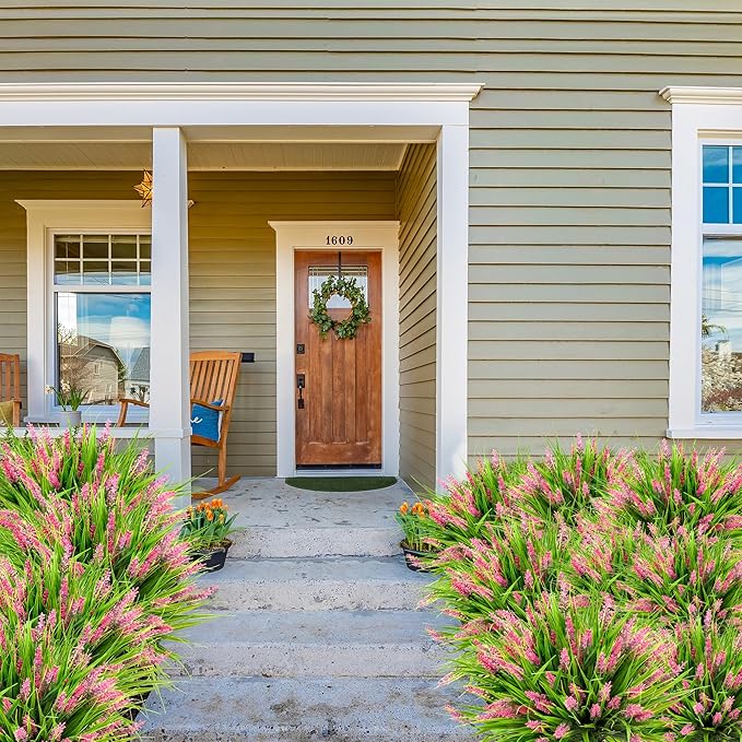 Sggvecsy 24 Bundles Artificial Plants Outdoor Faux Lavender Flowers Fake Monkey Grass UV Resistant Plastic Greenery Plants for Garden Home Porch Window Patio Hanging Planter Indoor Decor(Pink)