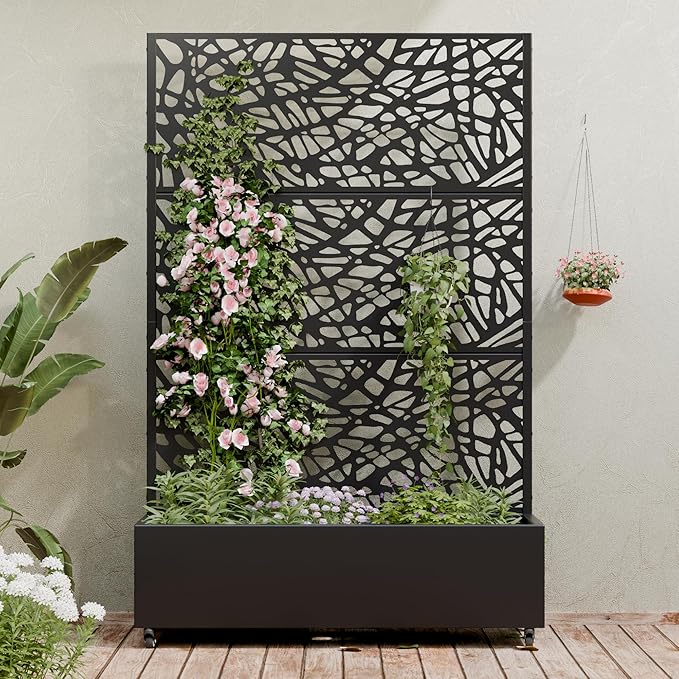 Casaphoria Metal Raised Garden Bed with Trellis and Wheels, 72"x47"x16" Planter Box for Climbing Plants, Vegetables & Vines, Features Drainage Holes and Privacy Screen (Black-Net)