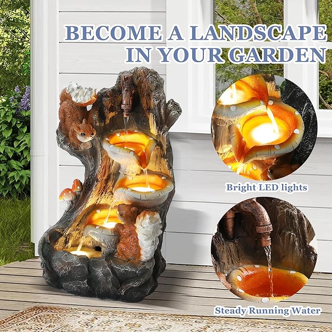 Grepatio Outdoor 4-Tiers Cascading Water Fountain, Garden Waterfalls Fountain with LED Lights, Indoor/Outdoor Floor Standing Water Fountains with Pump for Patio, Yard, Deck Decor with 2 Squirrel Look