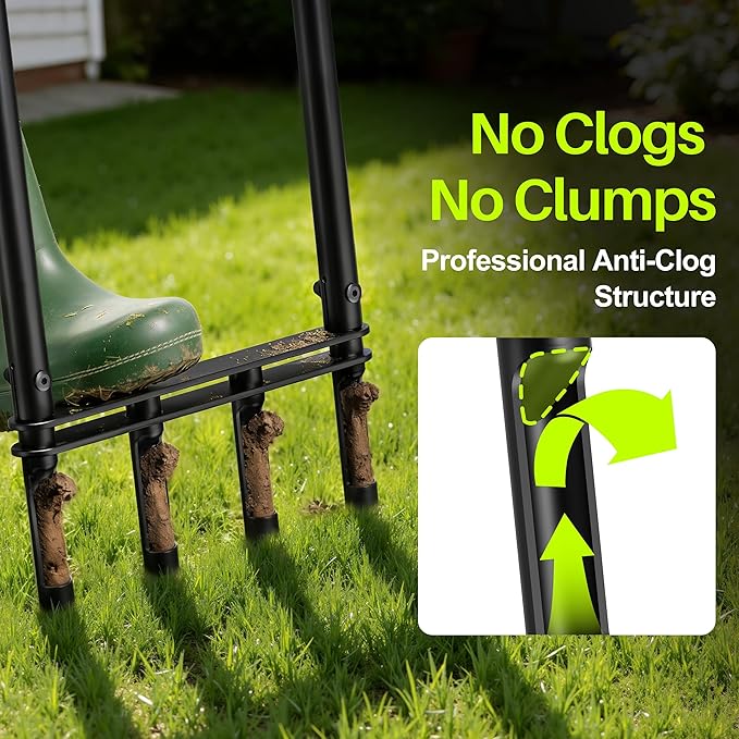 Knee-Friendly Manual Lawn Aerator Tool –Adjustable SUS304 Stainless Steel Core Aerator for Grass, Yard Aeration Tool with 4 Hollow Tines for Lawn Care and Compacted Soil,43.3"-48.5",Black