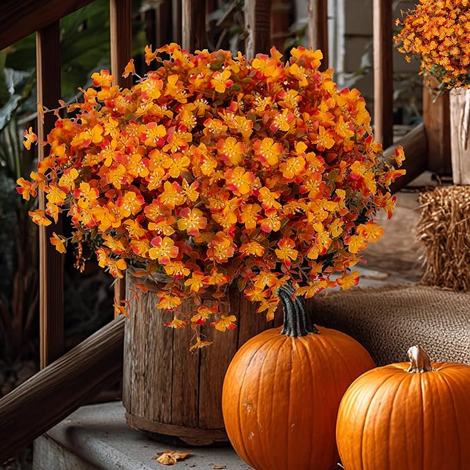 Artificial Fall Flowers Outdoor Fake Mums - 12 Bundles Fake Plants UV Resistant No Fade Faux Plastic Greenery Garden Porch Patio Fall Home Decor(RedOrangeYellow)