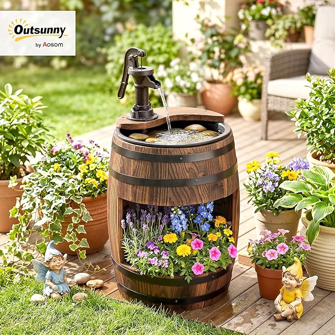 Outsunny 23" H Outdoor Water Fountain Wood and Plastic Rustic Apple Barrel Pump Garden Decor for Outside Backyard