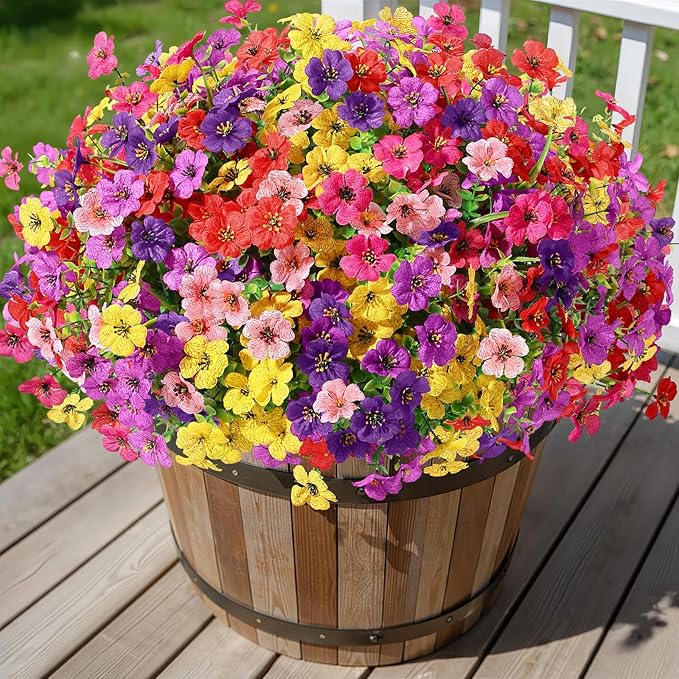 Alupssuc 48 Bundles Artificial Flowers for Outdoors Decoration, UV Resistant Silk Faux Floral Spring Fake Plastic Plants Greenery for Outside Indoor Patio Porch Window Box Home Decor, Mix 6 Colors