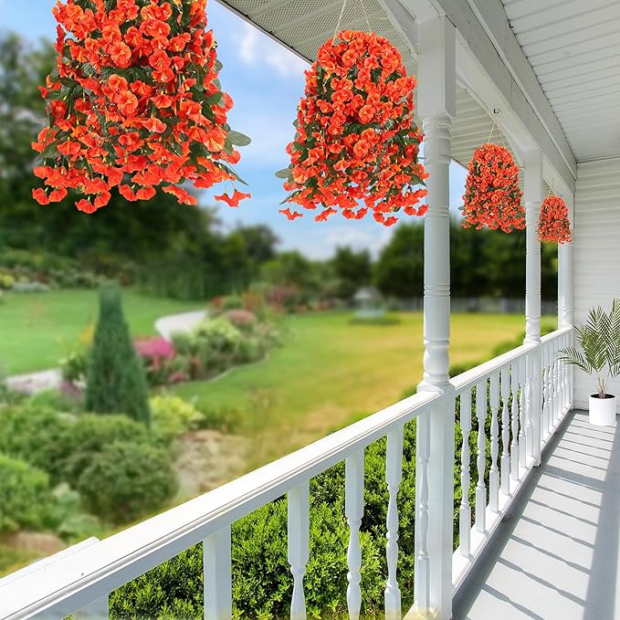 Sggvecsy Artificial Fake Hanging Flowers Plants for Outdoor Outside Spring Summer Decoration 2PCS Faux Silk UV Resistant Realistic Morning Glory Trailing Vines for Home Porch Patio Balcony(Orange)