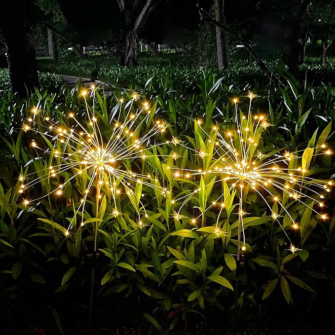 JJGoo Solar Firework Lights, 2 Pack 180 LEDs 2 Lighting Modes Solar Lights Outdoor Waterproof for Garden Patio Walkway Pathway Party Wedding Christmas Decorative - Warm White