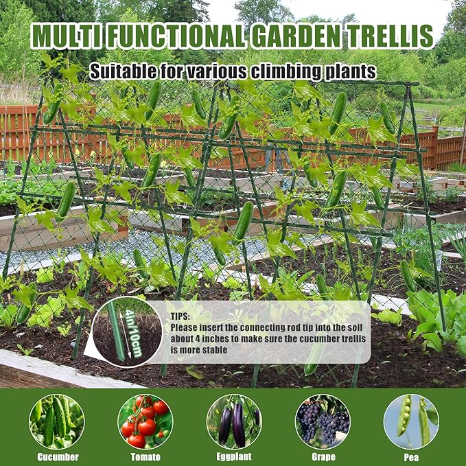 63"H x 47"L Cucumber Trellis for Raised Bed, Adjustable Garden Trellis for Climbing Plants Outdoor with Climbing Net and Plant Support Clip, A-Frame Trellis for Vegetable, Cucumbers, Tomatoes