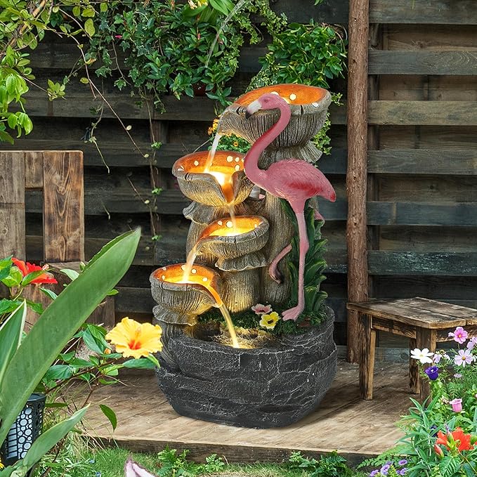 Grepatio Outdoor Water Fountain, 5 Tier Garden Waterfalls with 5 LED Lights, Modern Indoor/Outdoor Floor Standing Water Fountain with Pump for Garden, Patio, House Decor