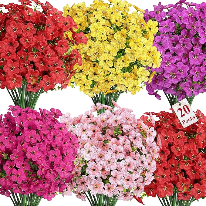 Alupssuc 20 Bundles Artificial Flowers for Outdoor Indoor Decoration, UV Resistant No Fade Fake Plants Eucalyptus, Colorful Faux Spring Flowers for Outside Yard Porch Patio Garden Home Window Box