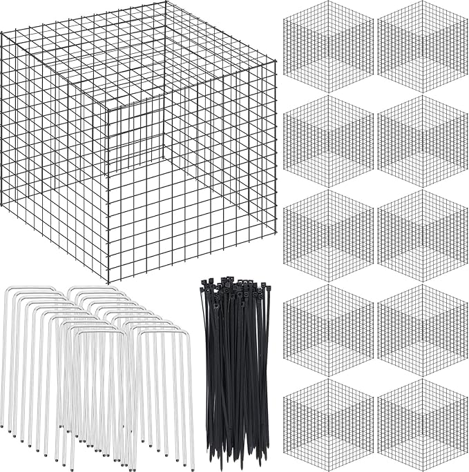 Zubebe 10 Pack Small Wire Plant Protectors Square Plant Protectors from Animals Mesh Cage Chicken Wire Cloche for Shrubs with Ground Stakes and Nylon Ties(Thickness 2mm,Dark Green)