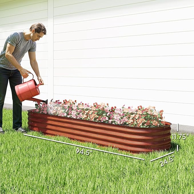 Outsunny 8' x 2' x 1' Galvanized Raised Garden Bed Kit, Outdoor Metal Elevated Planter Box with Safety Edging, Easy DIY Stock Tank for Growing Flowers, Herbs & Vegetables, Dark Brown