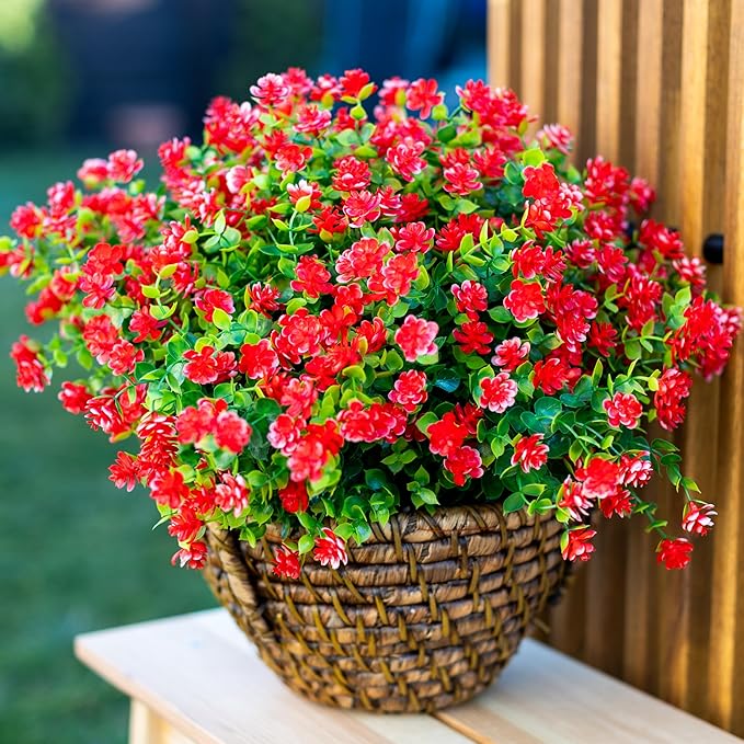Artificial Flowers for Outdoors Fake Plants - 12 Bundles Faux UV Resistant No Fade Plastic Greenery Home Garden Porch Patio Decoration Boxwood Shrubs (Red)