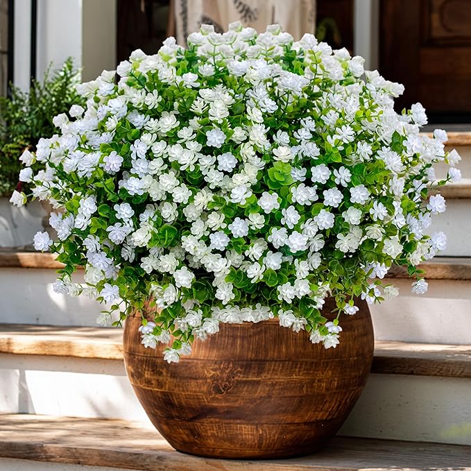 Artificial Flowers for Outdoors Fake Plants - 12 Bundles Faux Outside Greenery Boxwood No Fade Plastic Shrubs Fall Decor Farmhouse Home Garden (White)