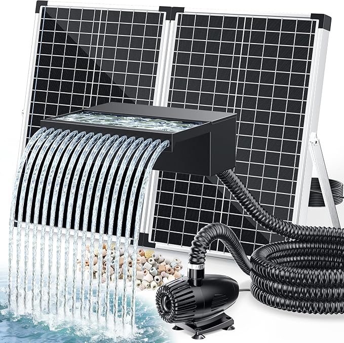 POPOSOAP 70W Solar Pond Waterfall Spillway with Fountain Pump, 304 Stainless Steel & Filtration System Pond Waterfall, 9.8FT Tubing for Koi Ponds, Garden Fountains & Landscape Water Features-P5703S