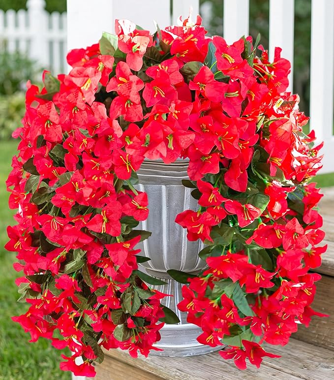 HyeFlora Bougainvillea Artificial Hanging Flowers Plants for Outdoors Decoration, 2pcs Red Fake Flowers Silk Bougainvillea Vines Realistic UV Resistant Faux Flowers for Outside Planters Porch Patio