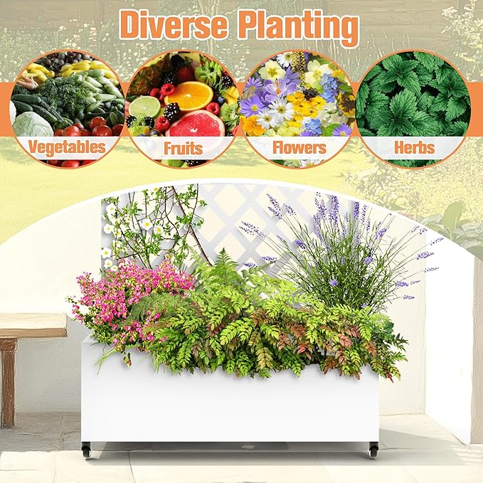 Metal Raised Garden Bed with Diamond Lattice Trellis, Outdoor Planter Box for Climbing Plants Vegetables Vines, Galvanized Garden Box with Drainage Holes and Wheels, White (35.4"L x 16.7"W x 73.2"H)