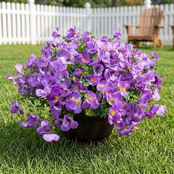 Artificial Flowers for Outdoor, UV Resistant Fake Silk Pansies Flowers, Realistic Faux Plants for Outside Indoor Porch Patio Window Box Planter Home Decor (16, Purple)