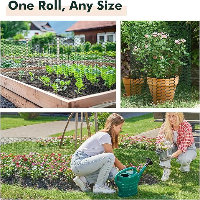 Plant Fence Protectors from Animals, 16.4 x 1.15ft Plant Cages for Outdoor Plants, Black Wire Plant Protector with Ground Stakes, Nylon Ties, Needle-Nose Pliers and Gloves to Keep Animals Out (Green)