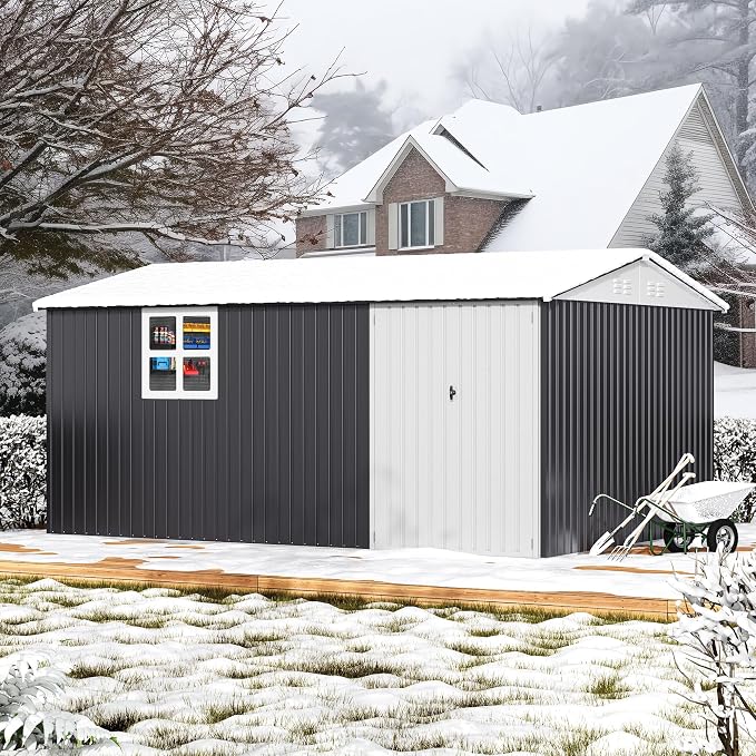 Polar Aurora 10X14 FT Metal Outdoor Storage Shed with Window, Heavy-Duty Galvanized Steel Garden Shed with Lockable Doors and 4 Vents, Large Weatherproof Tool Shed for Backyard Patio Outside, Black
