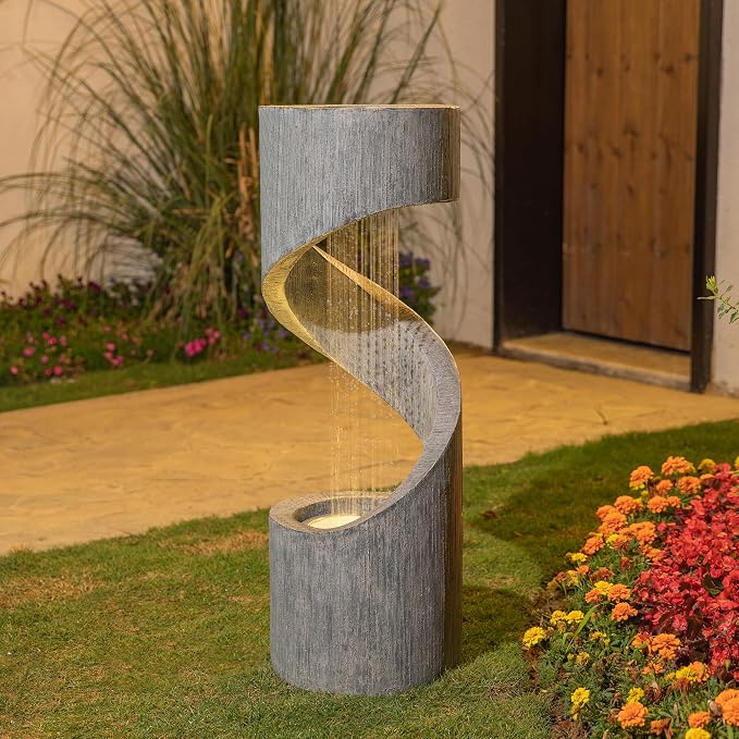 Glitzhome Outdoor Water Fountain with LED Light, Modern Spiral Tiered Outdoor Fountain with Stone Planter, Curved Freestanding Waterfall Fountains for Garden Patio Deck Porch, 40”H