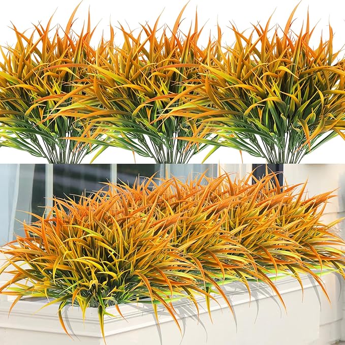 Ouddy Decor 16 Bundles Artificial Plants Outdoor Fake Grass Greenery Stems UV Resistant Faux Plastic Plants Shrubs for Spring Summer Garden Pathway Window Box Farmhouse Front Porch Home Decor, Orange