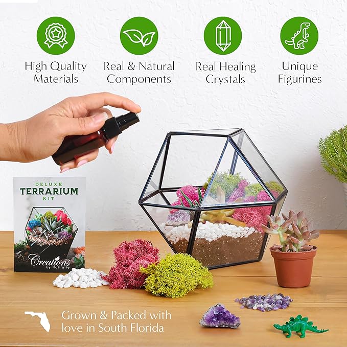 Creations by Nathalie DIY Terrarium Starter Kit - Small Terrarium Kit with Moss, Soil, Pebbles, Tools, Crystals & Figurines - Fun Gardening Craft Supplies for Adults & Teens - Handcrafted in USA
