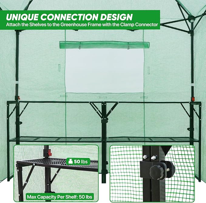 EAGLE PEAK 7x7 Portable Walk in Greenhouse, Pop Up Indoor Outdoor Greenhouse, Green House Kit with Zippered Roll-Up Doors and Windows + Mesh Lining & 2 Foldable Shelves, PE Cover, Clear/Green
